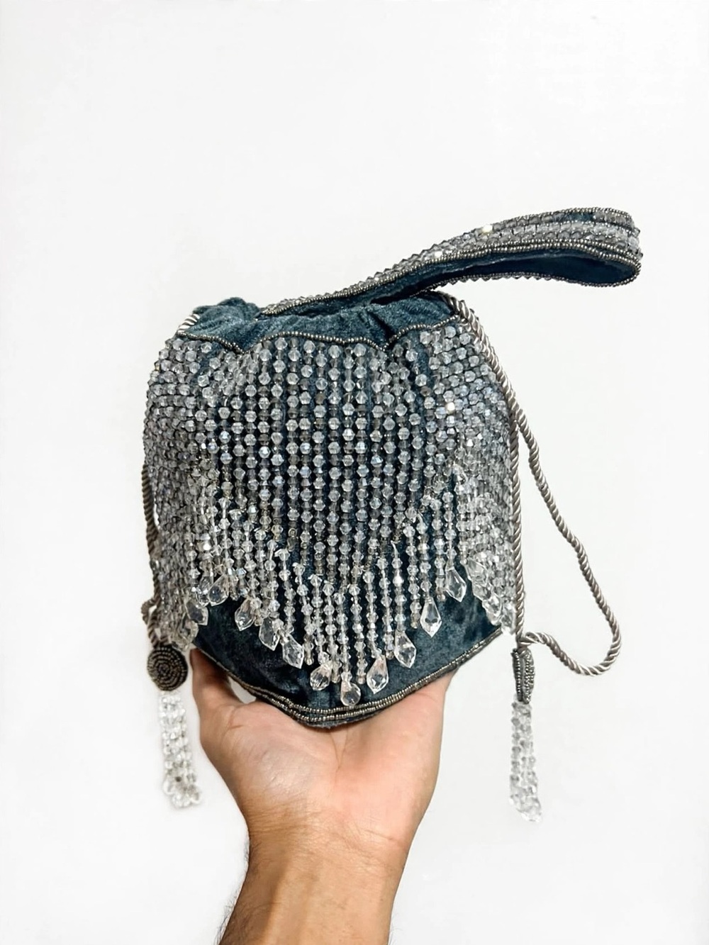 Teal Velvet Bridal Potli Bag - Heavy Crystal Tassel Fringe - Party Evening Purse